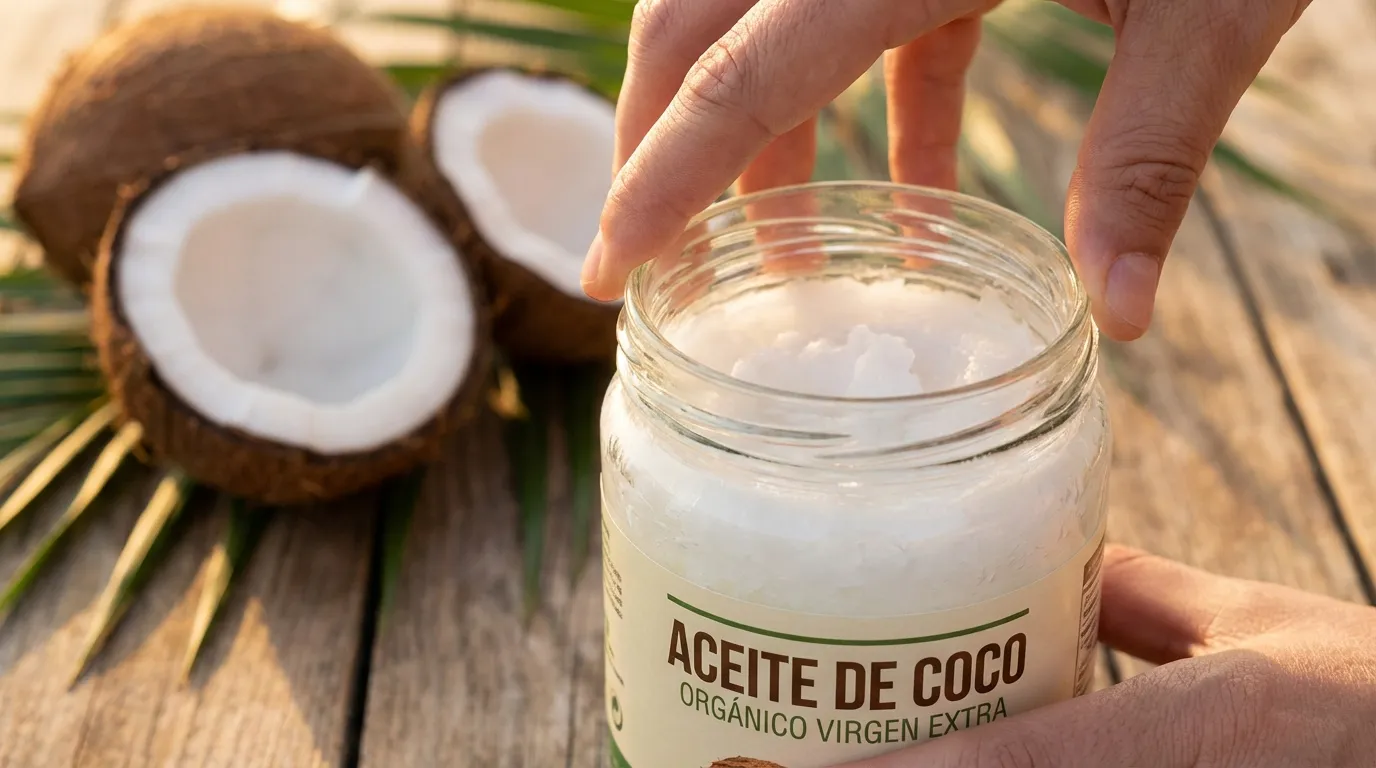 Frasco de aceite de coco orgánico virgen extra junto a cocos abiertos y hojas de palma sobre madera rústica