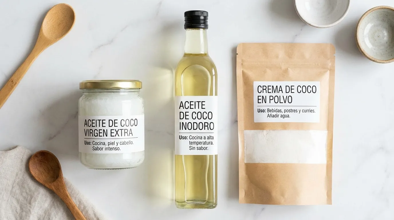 Tres versiones de aceite de coco orgánico: extra virgen para cocina y piel, inodoro para alta temperatura y crema de coco en polvo
