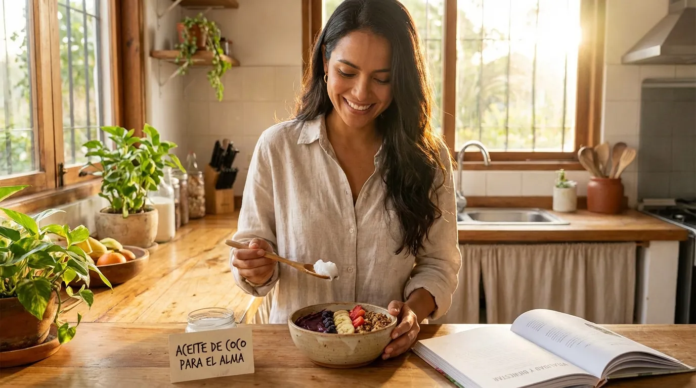 Mujer disfrutando un bowl saludable con aceite de coco para el alma como ritual diario de bienestar