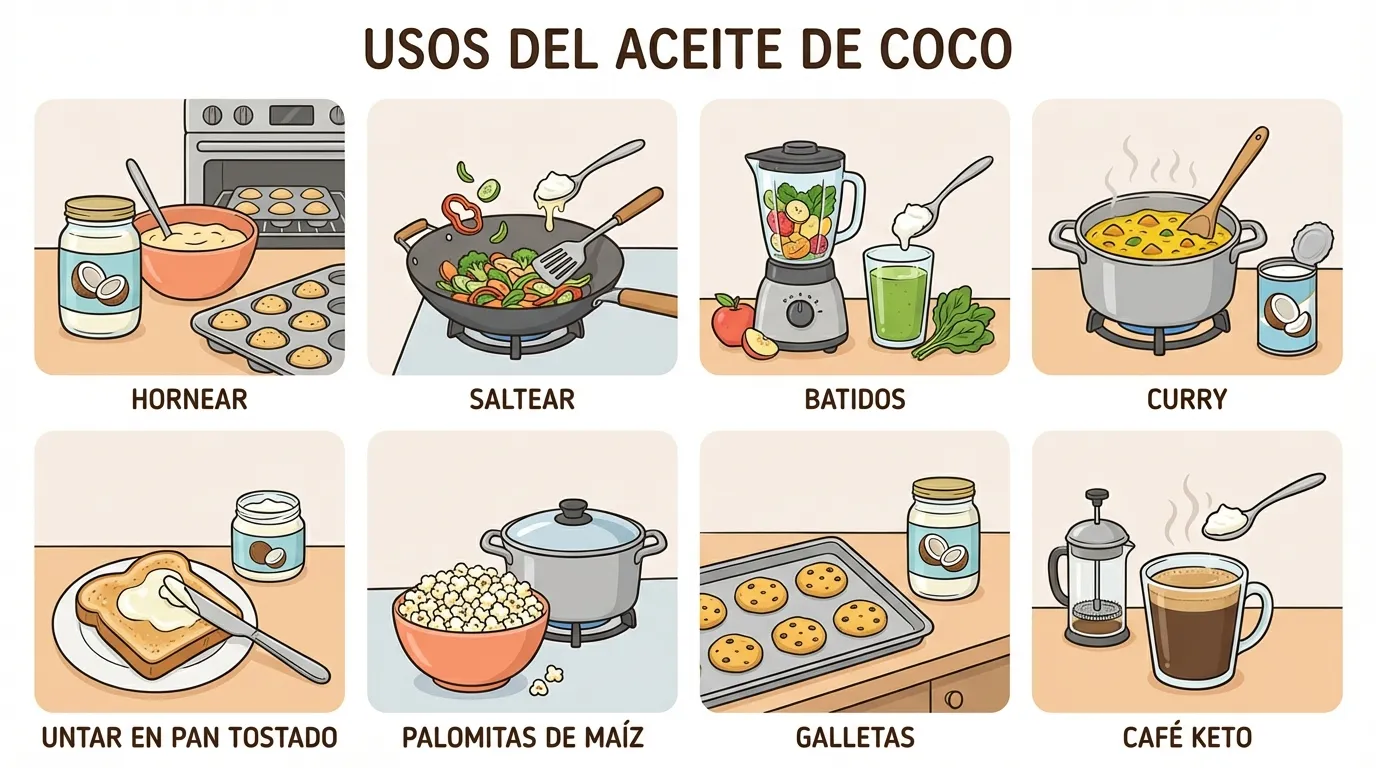 Infografía con los 8 usos del aceite de coco orgánico: hornear, saltear, batidos, curry, untar pan, palomitas, galletas y café keto