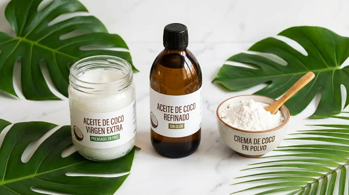 Tres presentaciones del aceite de coco orgánico Terra: virgen extra prensado en frío, refinado sin olor y crema de coco en polvo
