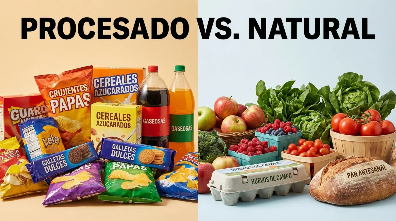 Comparación visual procesado vs natural: papas fritas, gaseosas y galletas frente a verduras, frutas, huevos de campo y pan artesanal