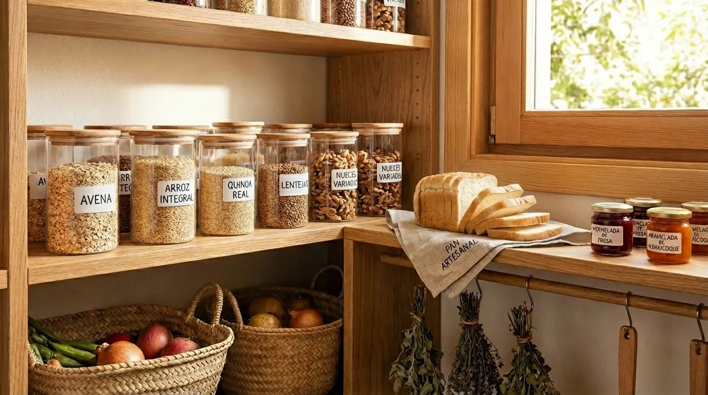 Despensa orgánica organizada con frascos etiquetados de avena, arroz integral, quinoa, lentejas, nueces y mermeladas artesanales