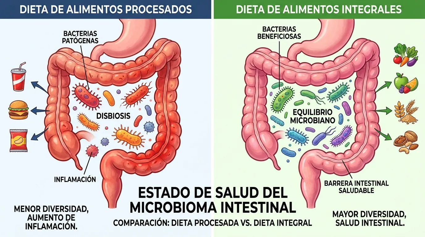 Infografía del estado de salud del microbioma intestinal comparando dieta procesada con dieta integral y sus efectos sobre las bacterias