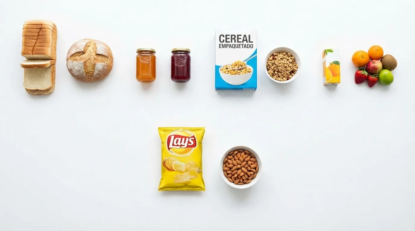 Comparación visual de alimentos procesados como pan blanco, mermeladas industriales, cereales empaquetados y papas Lay's frente a sus alternativas reales