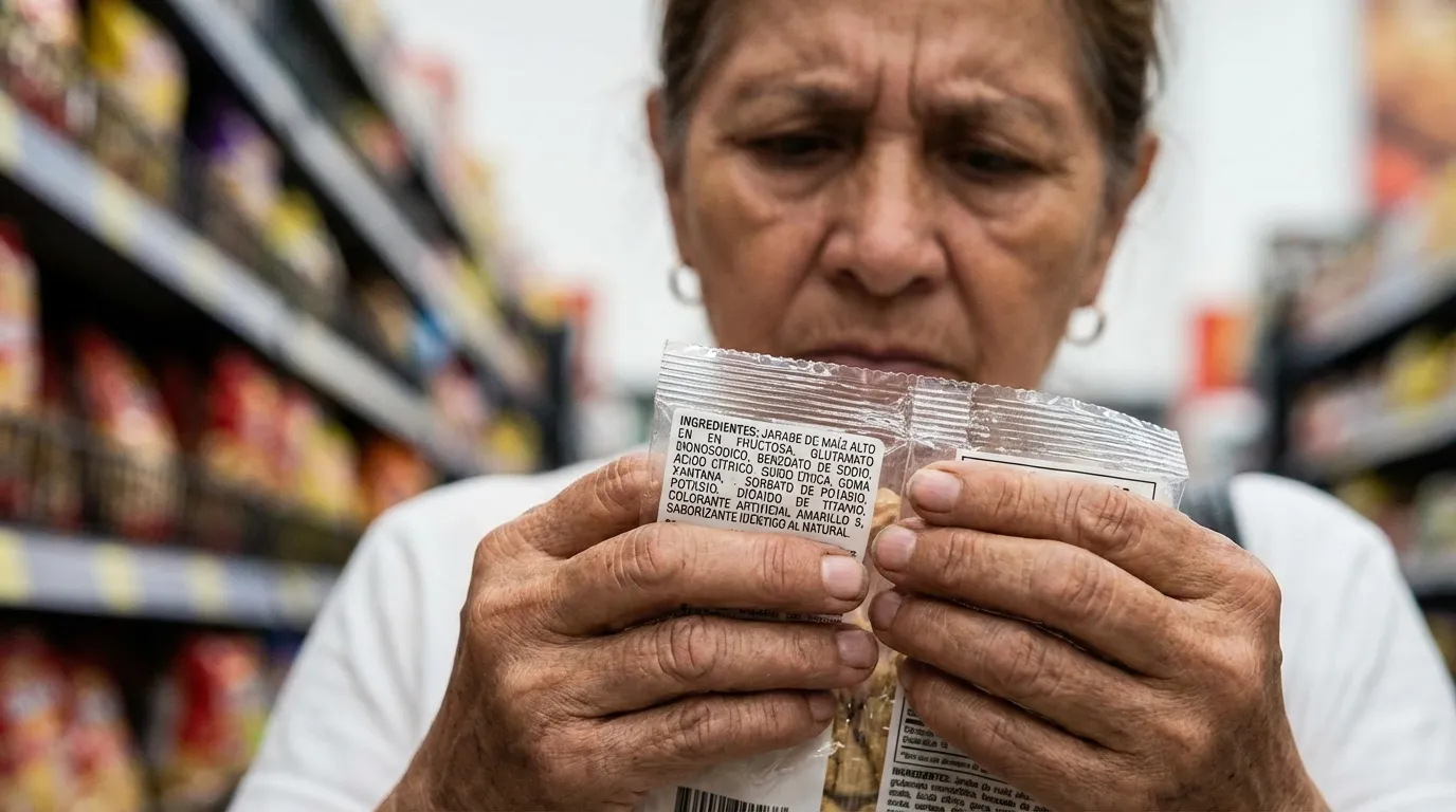 Mujer mayor en el supermercado leyendo la lista de ingredientes con jarabe de maíz, glutamato y aditivos artificiales