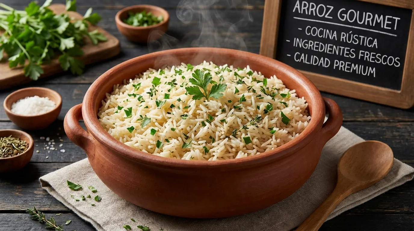 Bowl de arroz gourmet recién preparado con cilantro y cartel destacando ingredientes frescos y calidad premium
