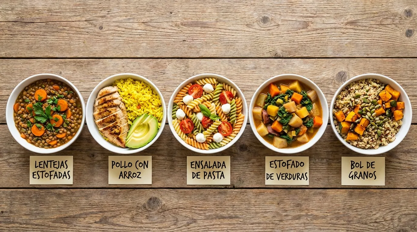 Cinco ideas de almuerzos ricos y saludables: lentejas estofadas, pollo con arroz, ensalada de pasta, estofado de verduras y bol de granos