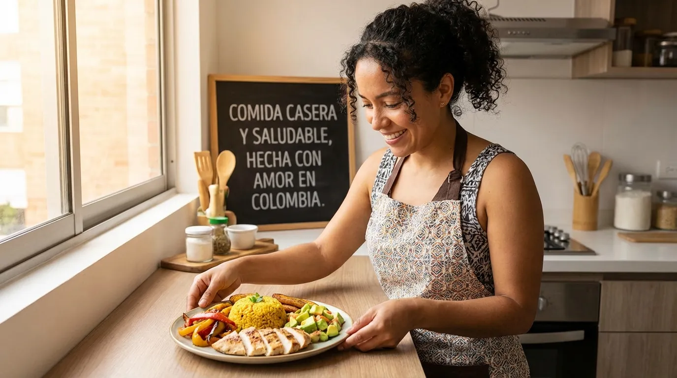 Mujer sirviendo un almuerzo saludable casero con pollo, arroz gourmet y aguacate hecho con amor en Colombia