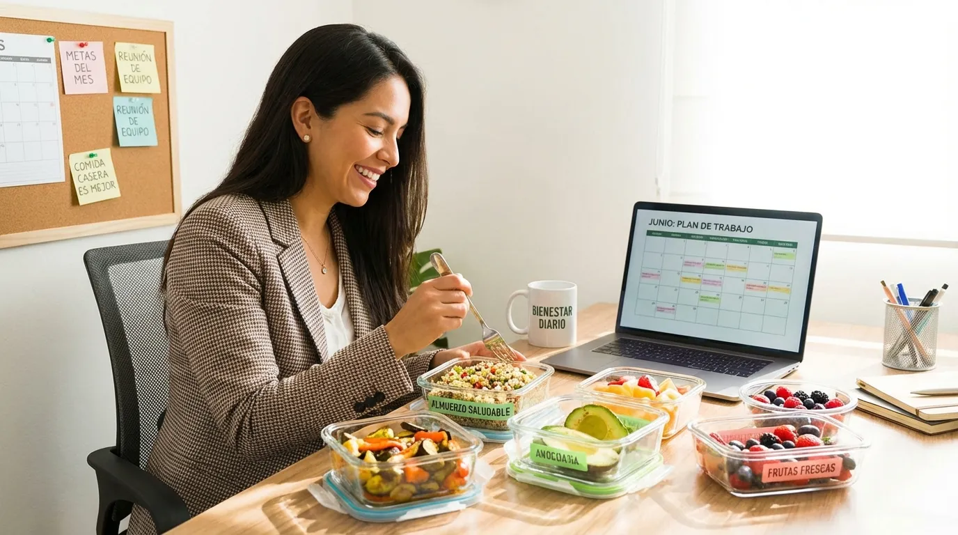 Profesional bogotana disfrutando un almuerzo saludable en su oficina con plan de trabajo semanal