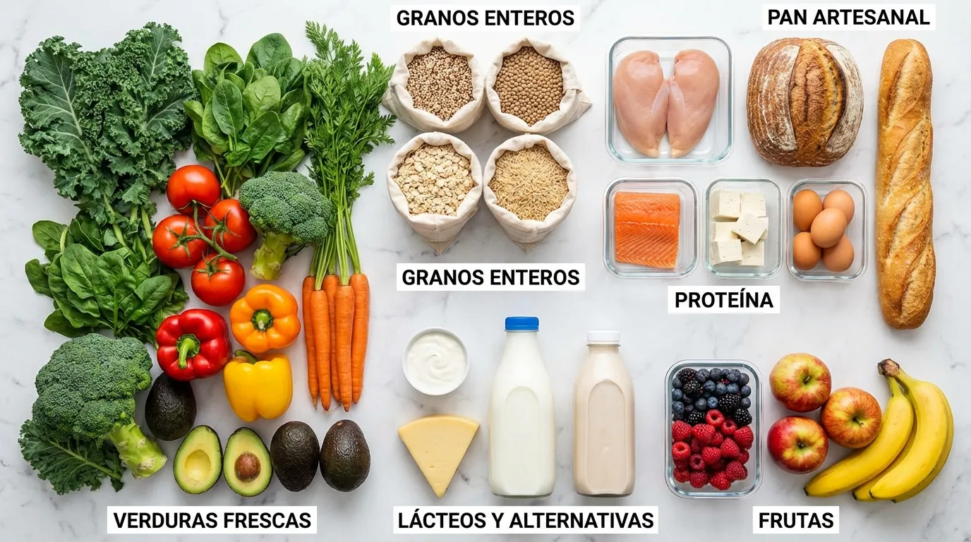 Categorías de comida saludable organizadas: verduras frescas, granos enteros, proteína, lácteos, frutas y pan artesanal
