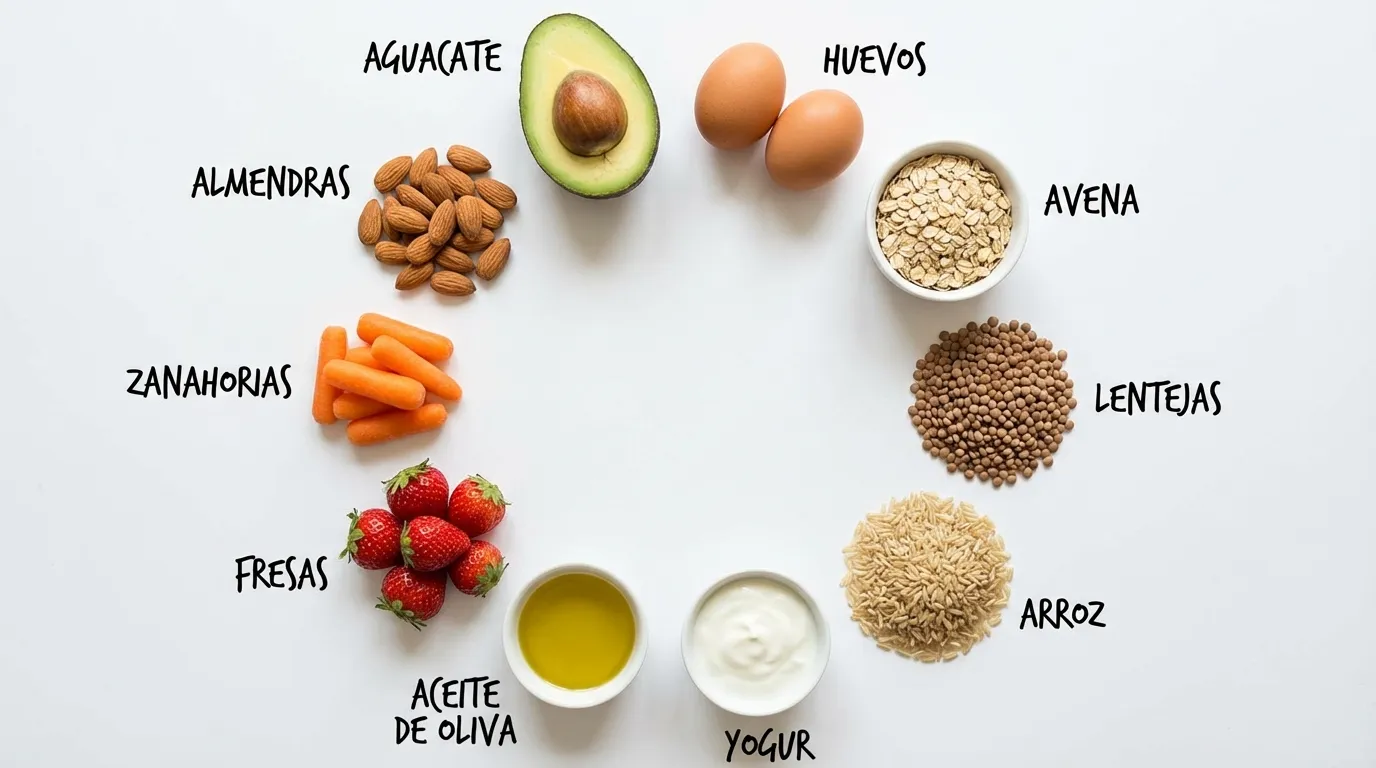 Los 10 alimentos esenciales en una lista de comida saludable: aguacate, almendras, huevos, avena, zanahorias, lentejas, fresas, arroz, aceite de oliva y yogur
