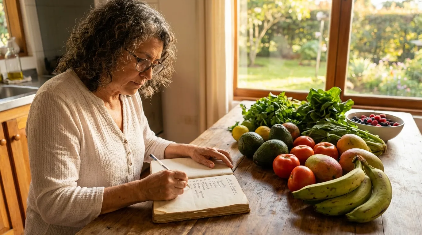 Mujer mayor escribiendo su lista de comida saludable a mano con frutas, verduras y aguacates frescos sobre la mesa