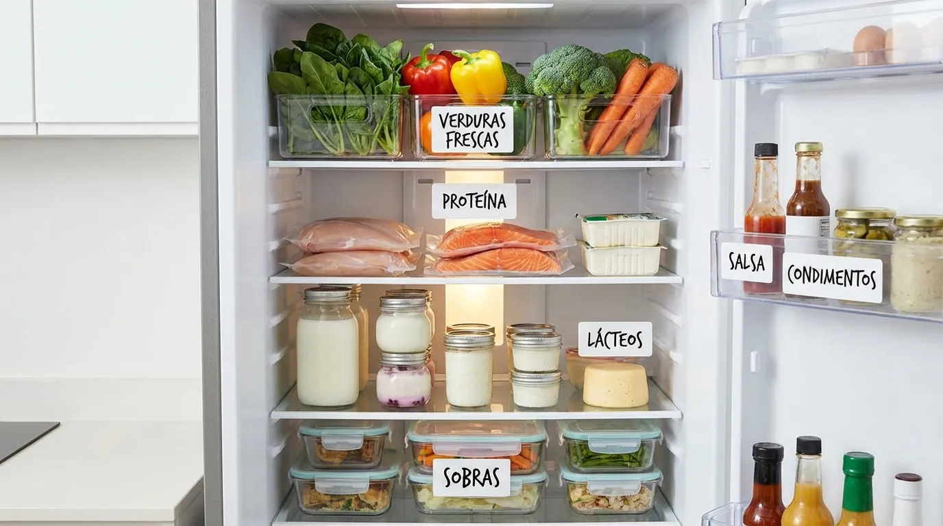 Refrigerador organizado por categorías con etiquetas de verduras frescas, proteína, lácteos, salsas, condimentos y sobras