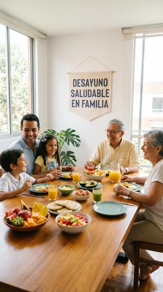 Familia disfrutando un menú de desayunos saludables completo con productos premium de Terra Premium Market en Bogotá