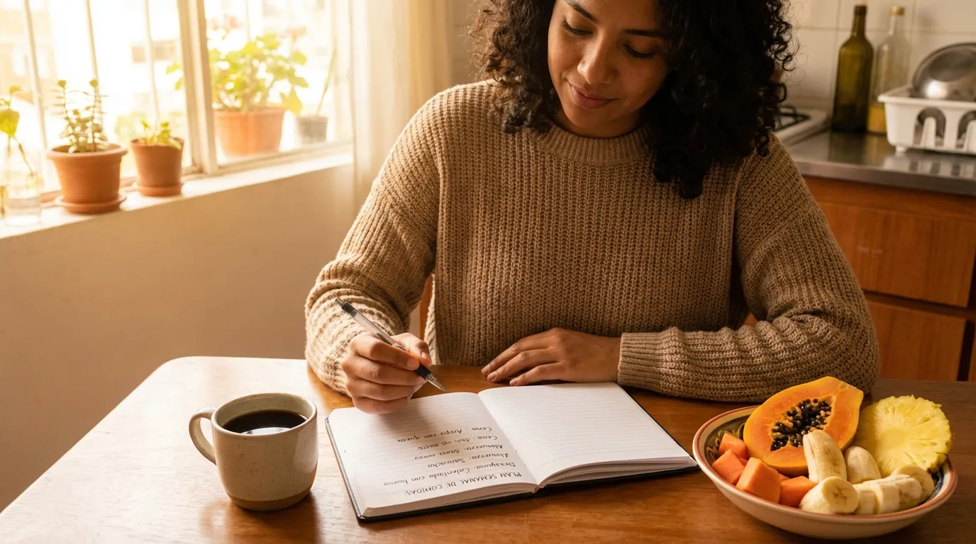 Mujer planificando su menú de desayunos saludables semanal con cuaderno y café