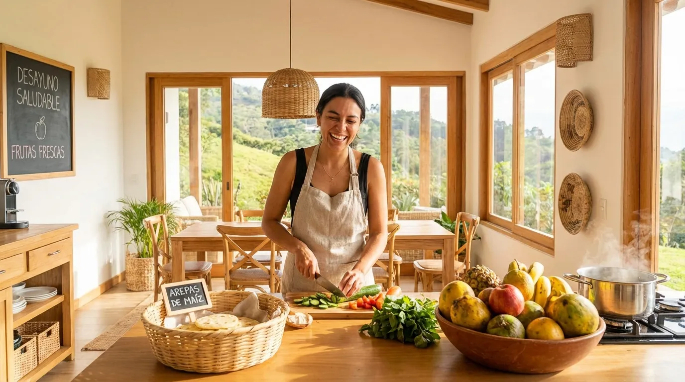 Mujer cocinando con frutas frescas y arepas para planificar el menú de desayunos saludables semanal