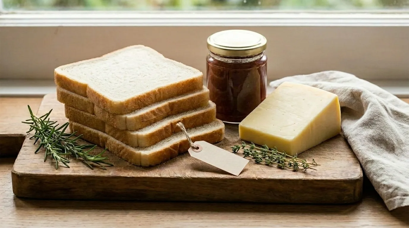 Ingredientes premium para el desayuno: pan tajado, mermelada St. Dalfour y queso pera