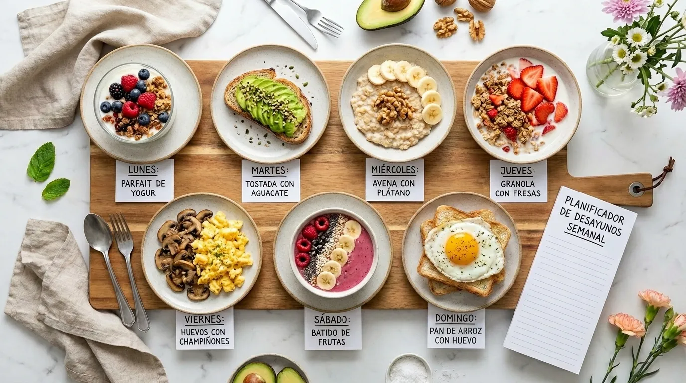Tablero con menú de desayunos saludables de lunes a domingo con parfait de yogur, tostadas con aguacate, avena y huevos