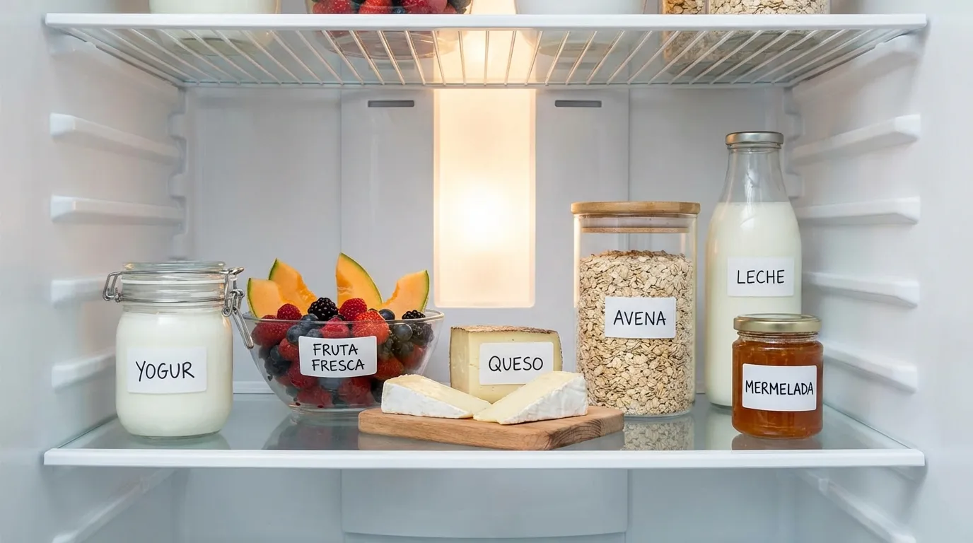 Refrigerador organizado con yogur, fruta fresca, queso, avena, leche y mermelada para el menú de desayunos saludables