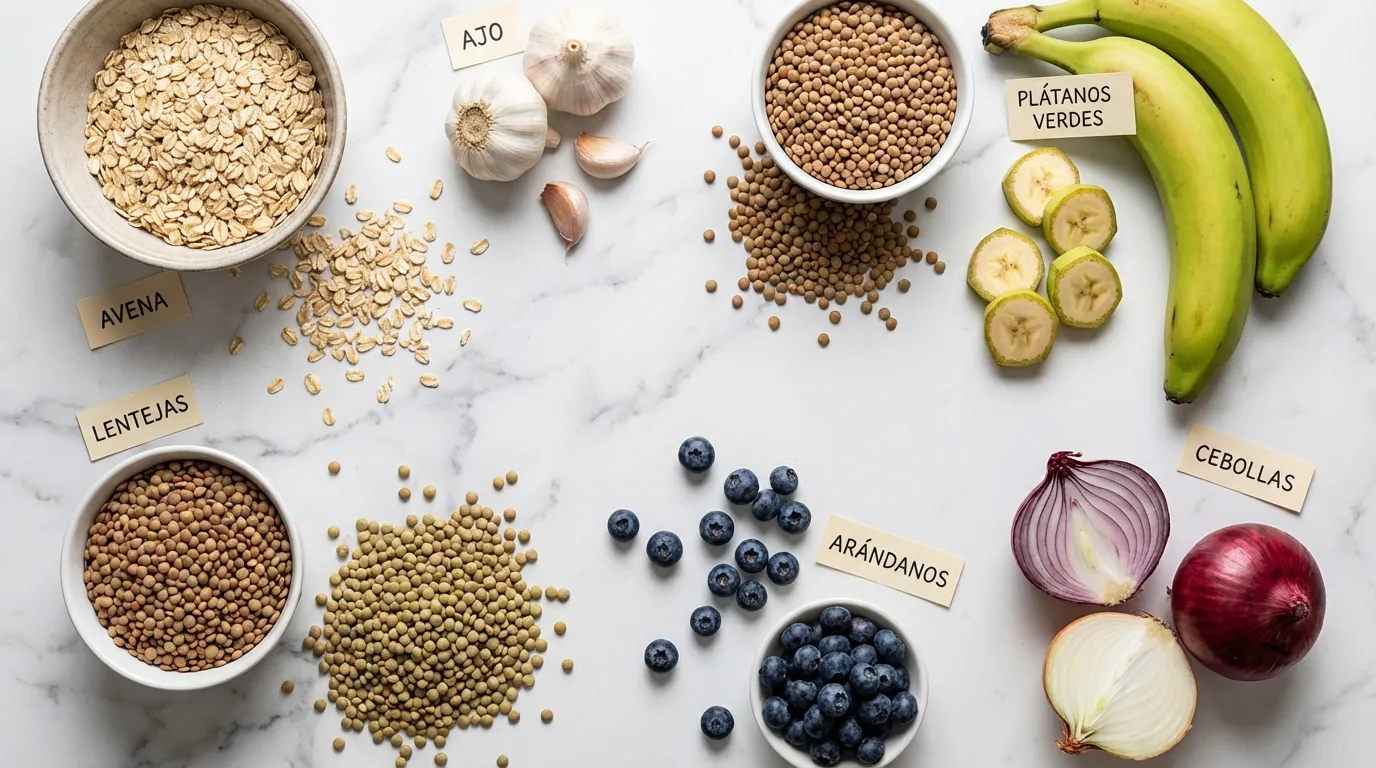 Alimentos prebióticos etiquetados sobre mármol: avena, ajo, lentejas, plátanos verdes, arándanos y cebollas