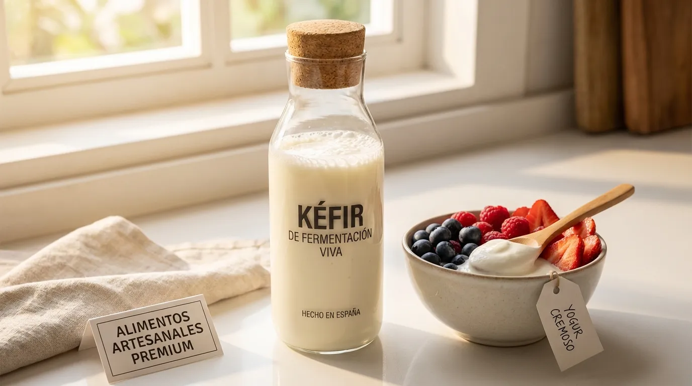 Botella de kéfir de fermentación viva con bowl de yogur cremoso y frutas como ejemplo de alimento probiótico artesanal premium