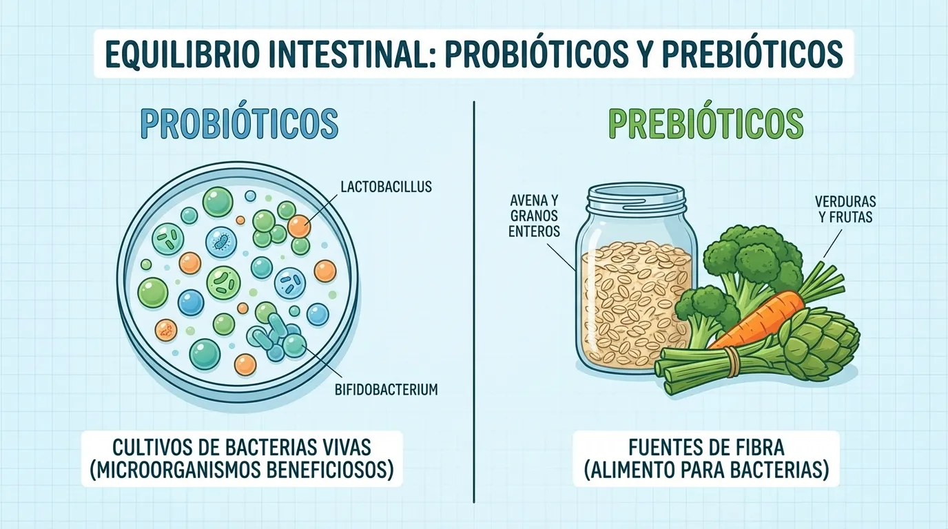 Infografía equilibrio intestinal: probióticos como cultivos de bacterias vivas y prebióticos como fuentes de fibra para alimentar bacterias