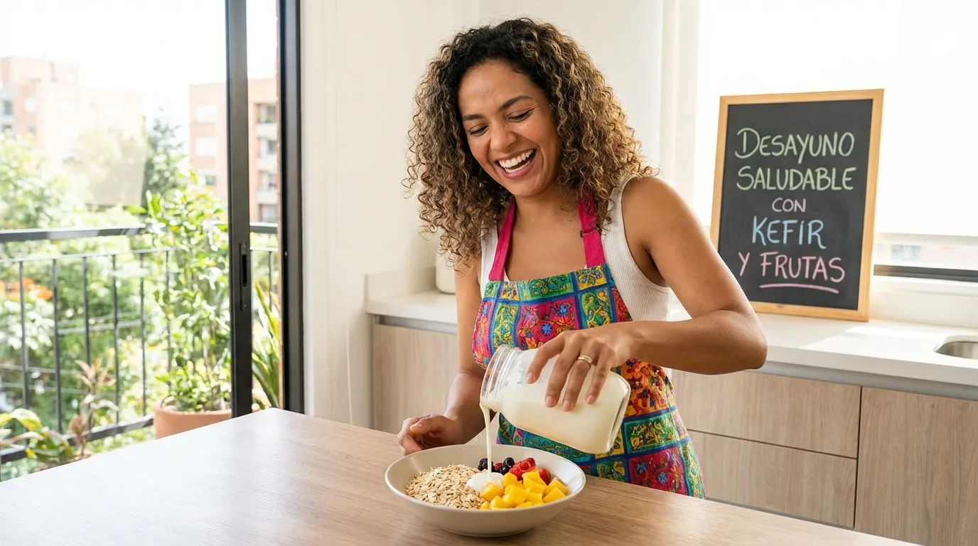 Mujer feliz preparando un desayuno saludable con kéfir, avena y frutas para incluir probióticos y prebióticos en su dieta diaria