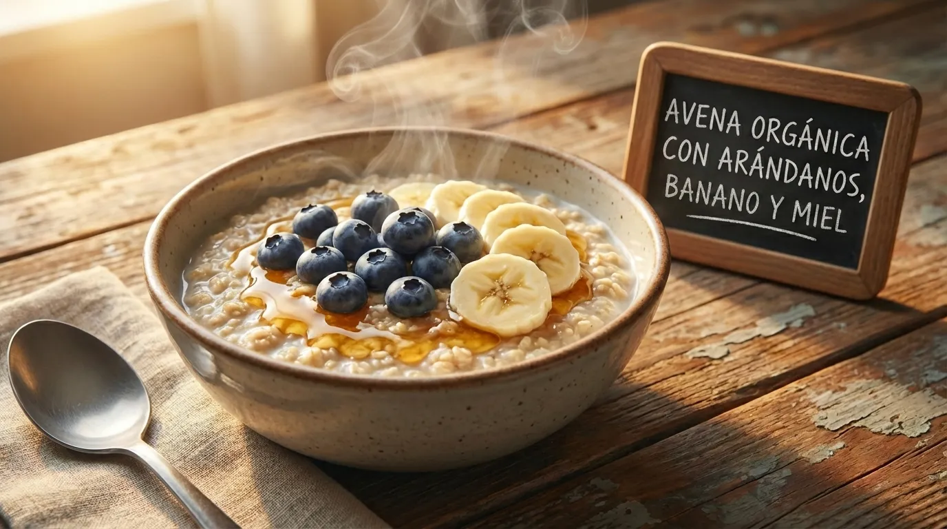 Bowl humeante de avena orgánica con arándanos, banano y miel como ejemplo de alimento prebiótico para alimentar la microbiota