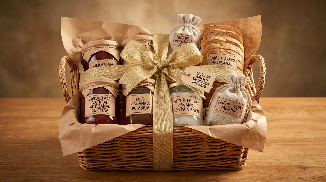 Cesta de regalo saludable premium para el Día de la Madre con mermelada artesanal, miel orgánica, aceite de coco virgen, frutos secos y pan de arroz artesanal