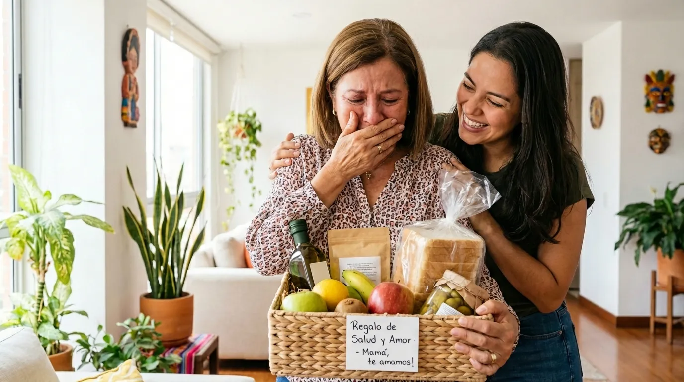 Mamá emocionada recibiendo de su hija una ancheta saludable con mensaje regalo de salud y amor para el Día de la Madre