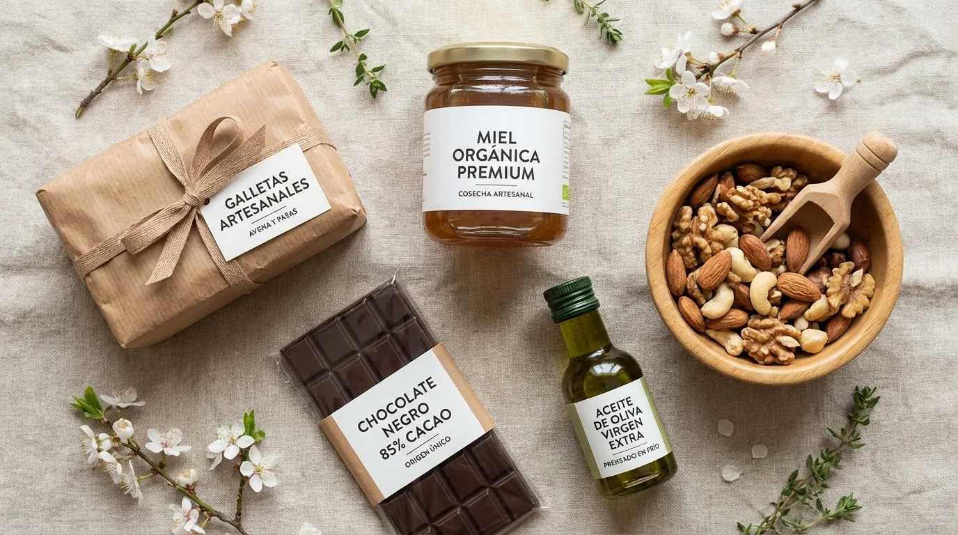 Productos premium para una ancheta gourmet: galletas artesanales, miel orgánica premium, chocolate negro 85% cacao, aceite de oliva virgen extra y frutos secos