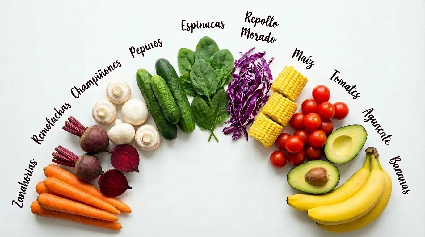 Verduras saludables esenciales etiquetadas: zanahorias, remolachas, champiñones, pepinos, espinacas, repollo morado, maíz, tomates, aguacate y bananos