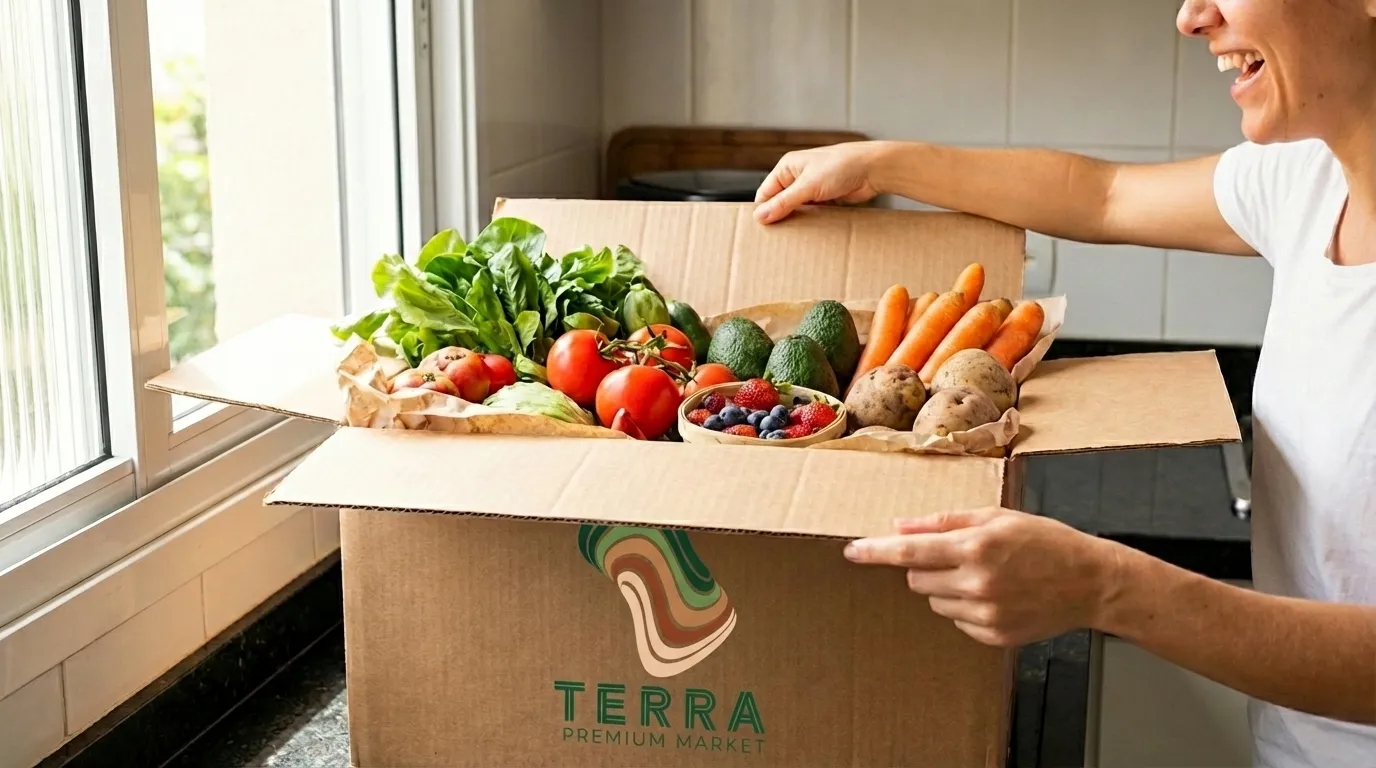 Mujer recibiendo una caja Terra Premium Market con verduras frescas y orgánicas a domicilio en Bogotá