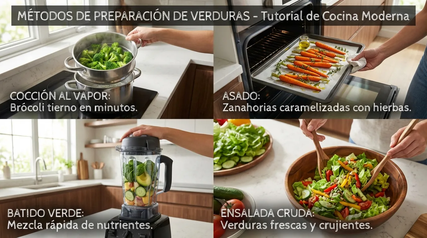 Métodos de preparación de verduras: cocción al vapor, asado al horno, batido verde y ensalada cruda para maximizar nutrientes