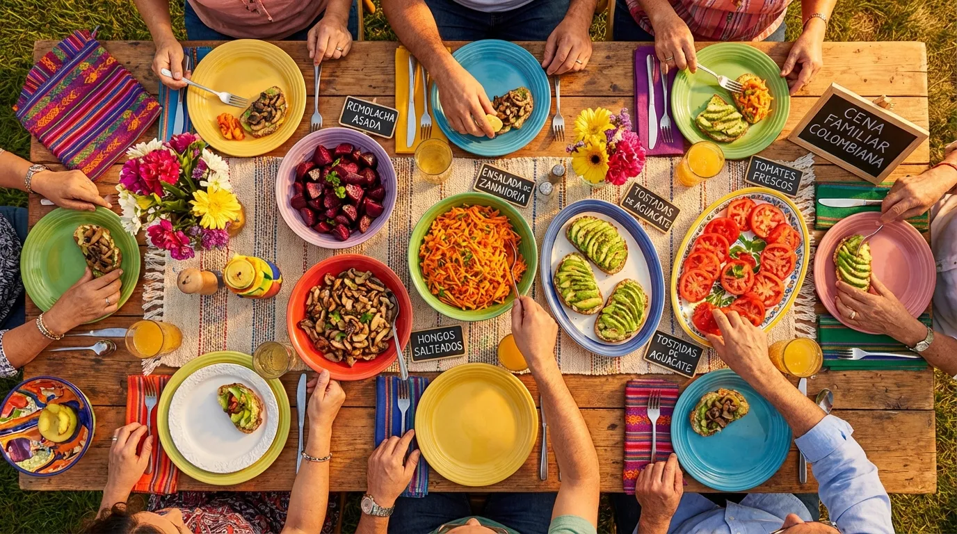 Cena familiar colombiana con remolacha asada, ensalada de zanahoria, hongos salteados, tostadas con aguacate y tomates frescos