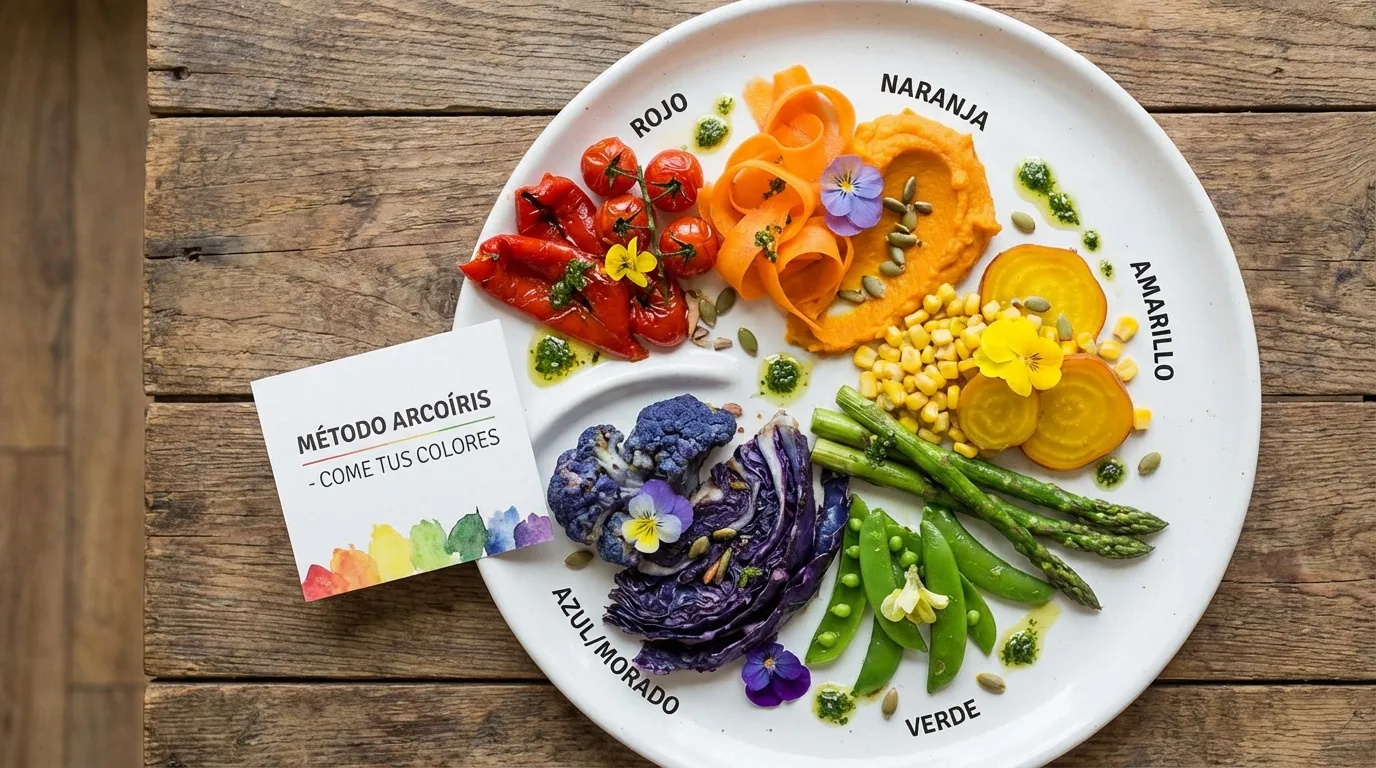 Plato del Método Arcoíris con verduras de los cinco colores: rojo, naranja, amarillo, verde y azul/morado