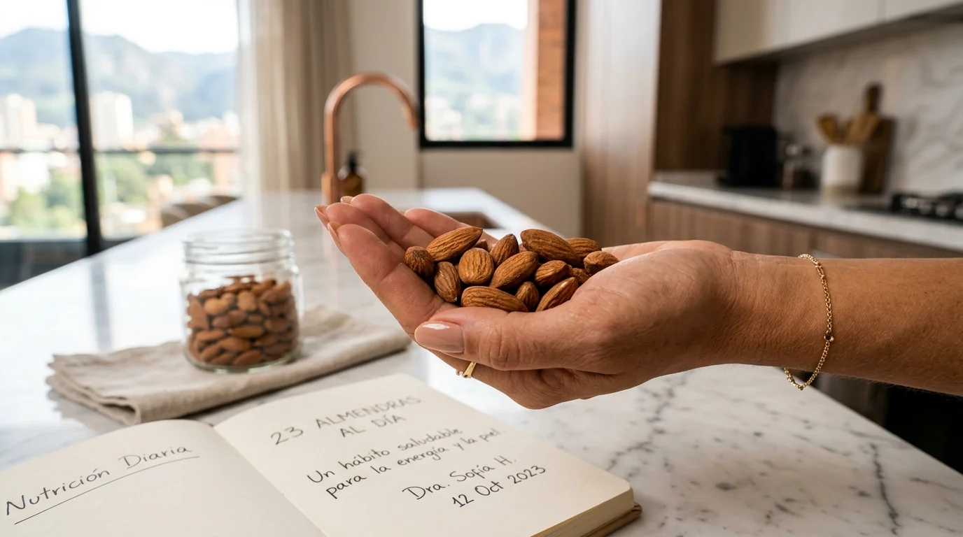 Mano femenina sosteniendo un puñado de almendras junto a libreta abierta con la frase 23 almendras al día