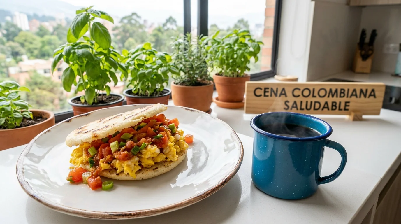 Arepa boyacense tostada con huevo perico de tomate y cebolla, cena colombiana saludable