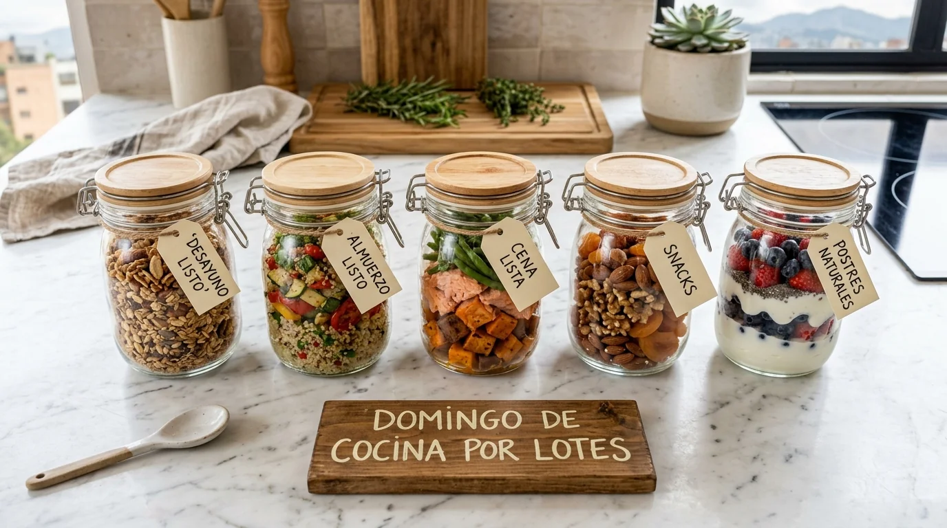 Cinco frascos de vidrio etiquetados desayuno listo, almuerzo listo, cena lista, snacks y postres naturales: batch cooking dominical