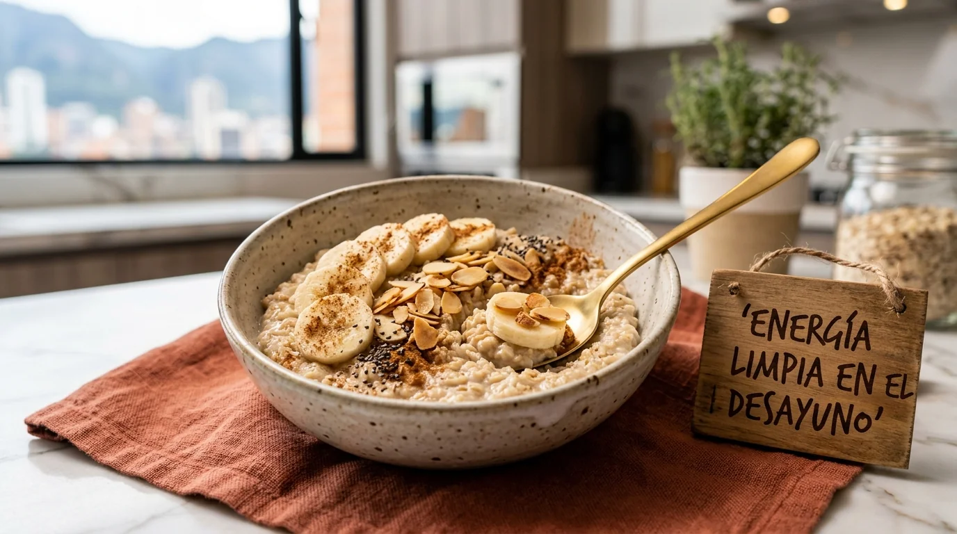 Bowl de cerámica con avena cremosa, plátano en rodajas, almendras laminadas, semillas de chía y canela: energía limpia al desayuno