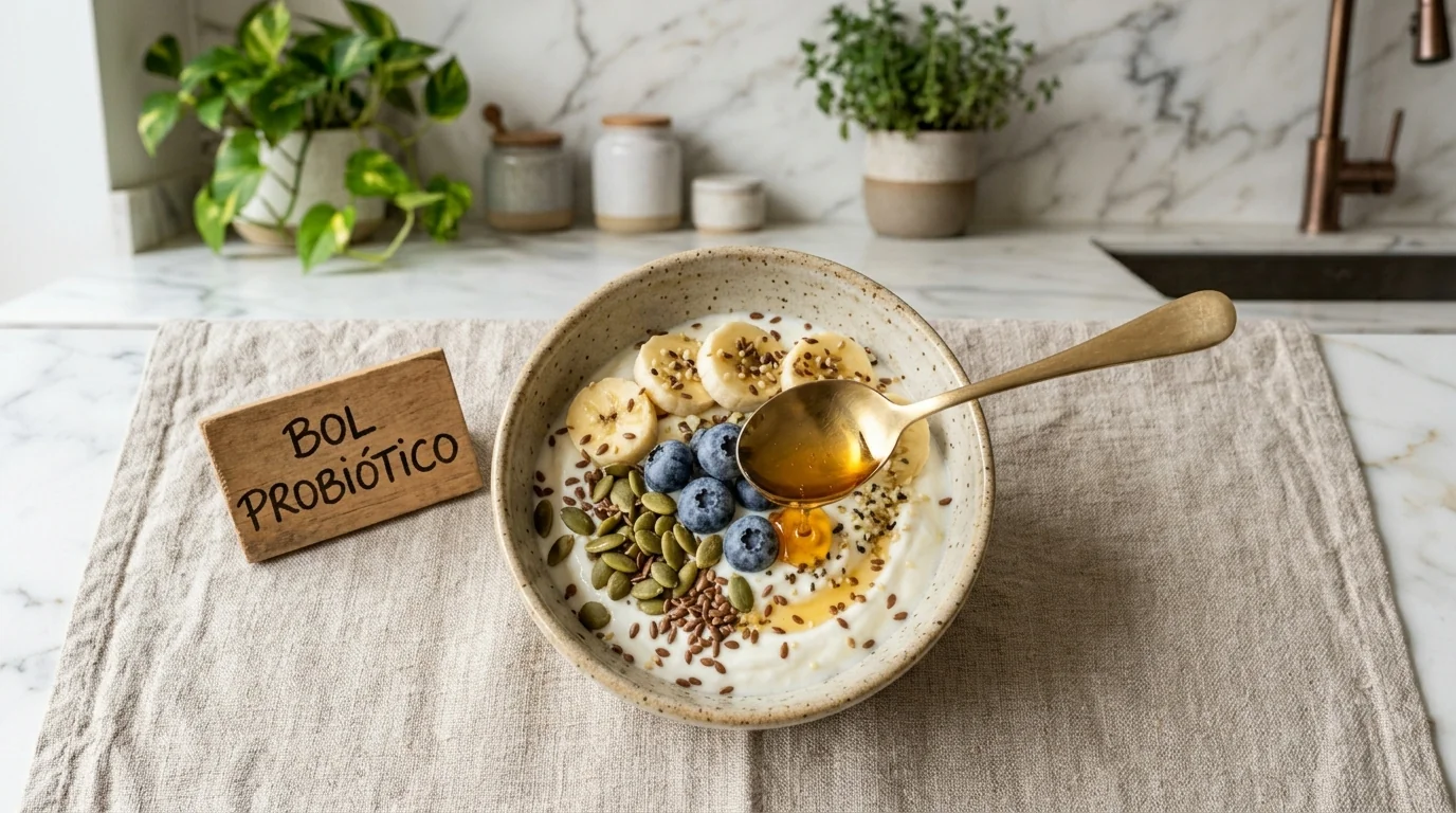 Bowl probiótico de yogur griego con arándanos, almendras y semillas de calabaza para desinflamar