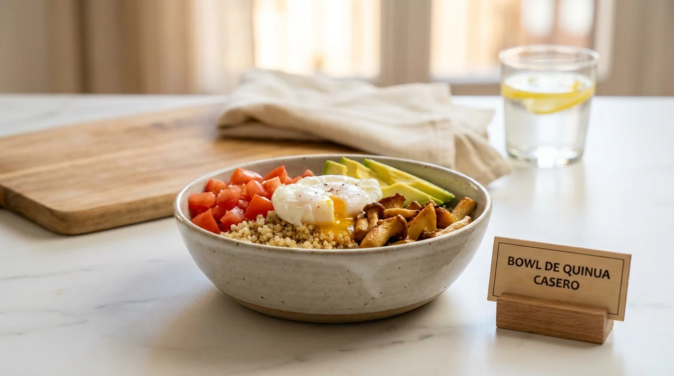 Bowl de quinoa con tomate San Marzano, huevo pochado y aguacate, una cena saludable y económica