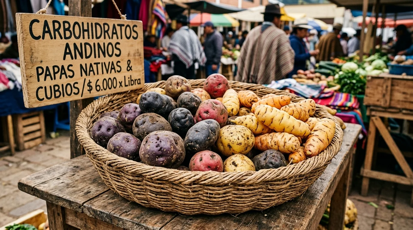 Canasta colombiana con papa nativa y cubios orgánicos en un mercado de Bogotá: carbohidratos andinos saludables