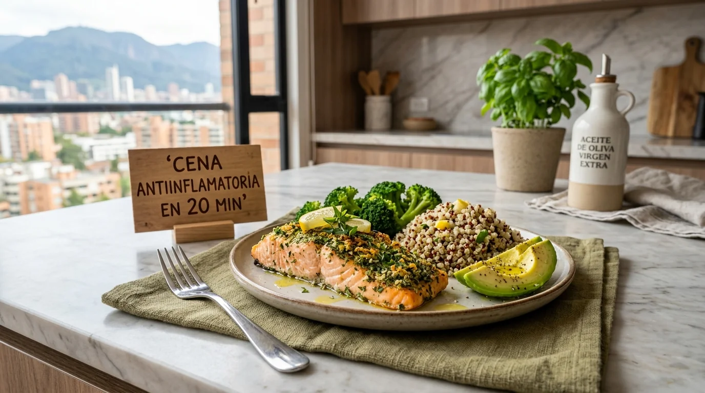 Plato de salmón con costra de hierbas, brócoli al vapor, quinoa y aguacate, cena antiinflamatoria en 20 minutos