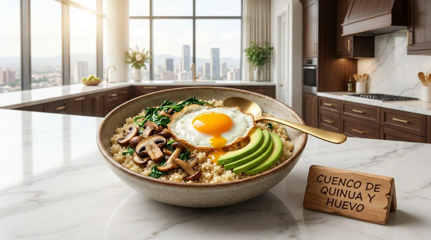 Cuenco de quinoa con huevo frito, champiñones, espinaca y aguacate, una cena completa y saludable