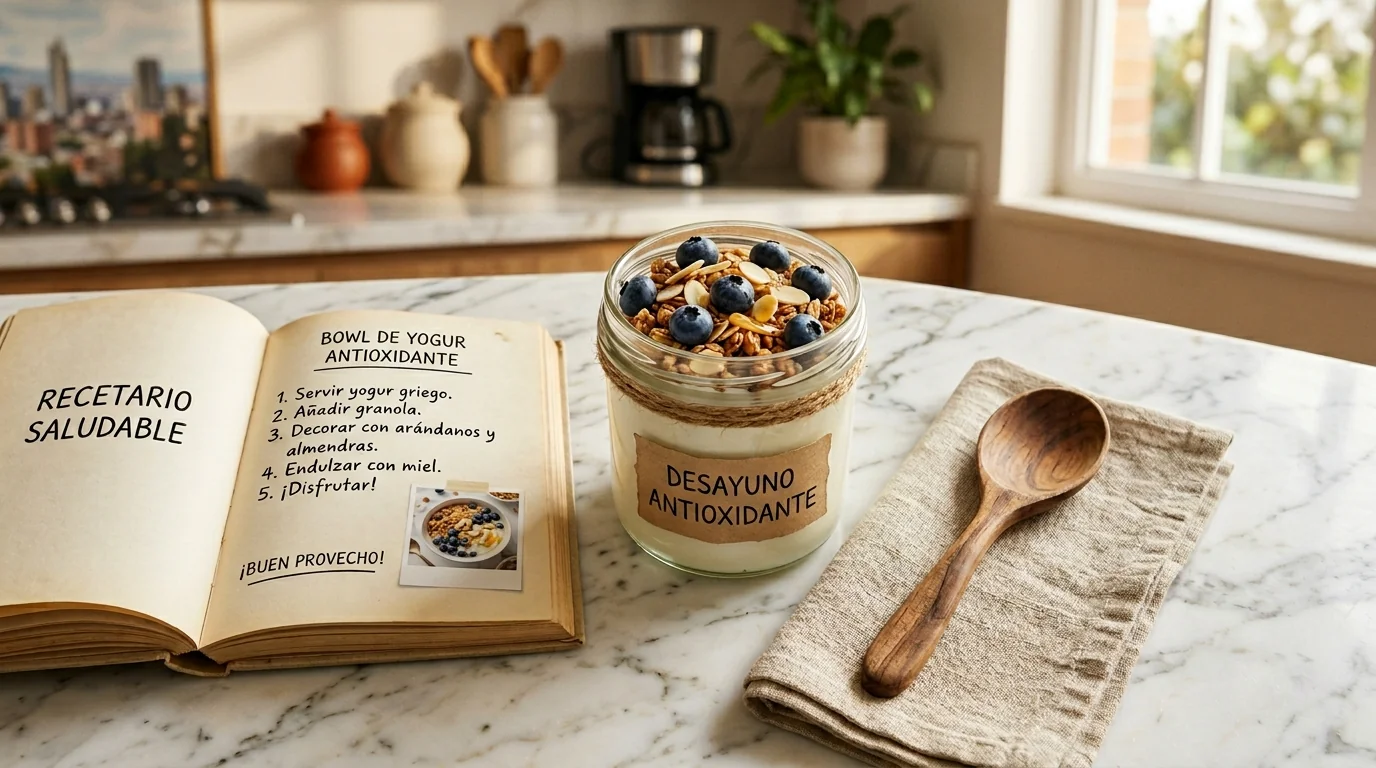 Frasco de vidrio con yogur griego, almendras laminadas, granola artesanal, arándanos y miel goteando: desayuno antioxidante