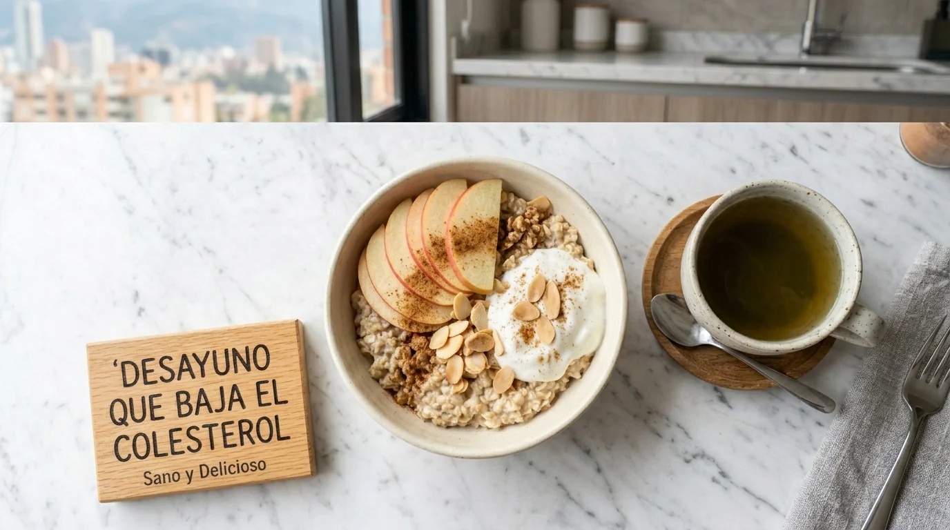 Bowl de avena con manzana en rodajas, canela, almendras laminadas y yogur griego: el desayuno que baja el colesterol