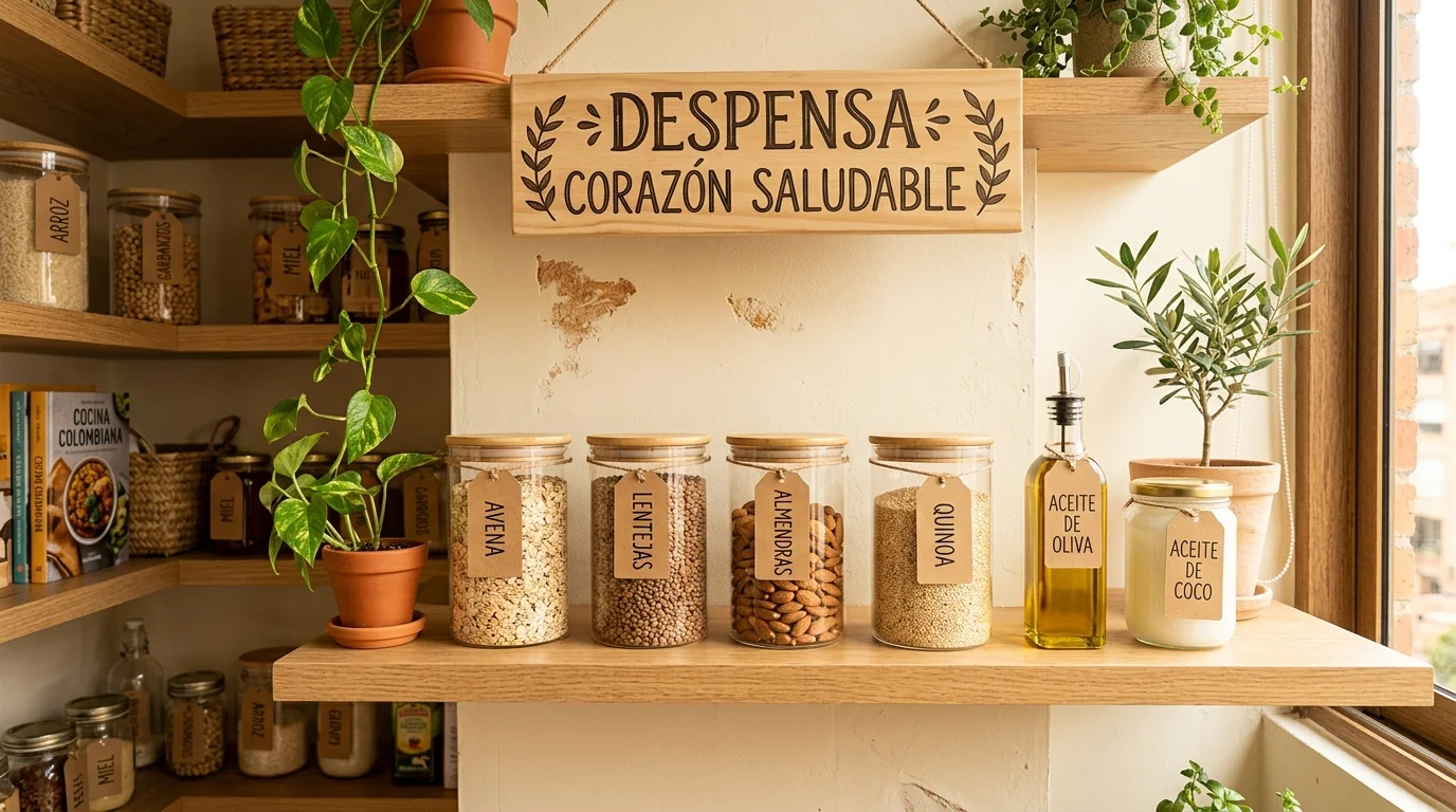 Despensa de cocina con frascos de vidrio etiquetados de avena, lentejas, almendras, quinoa, aceite de oliva y aceite de coco