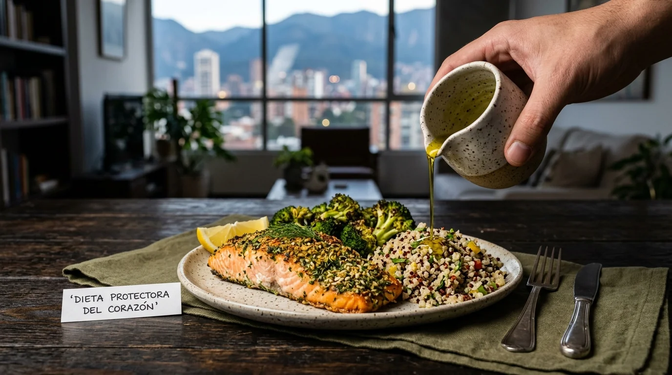 Plato gourmet de salmón con costra de hierbas, brócoli y quinoa, regado con aceite de oliva extra virgen